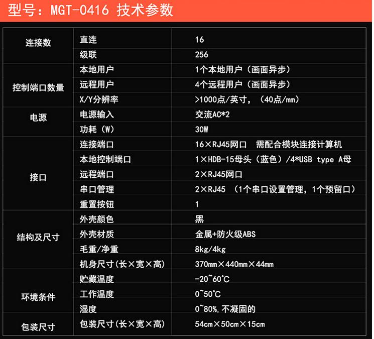 MGT-0416一本地4遠程16口矩陣式kvm交換機技術參數(shù)